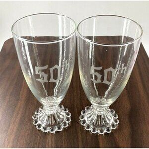 2- Etched "50th" Boopie 7 Inch Tall Water Glasses Anchor Hocking